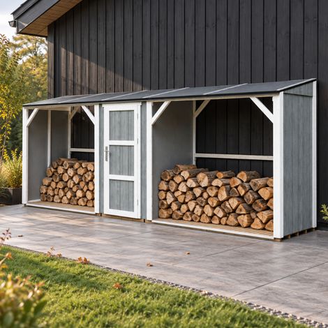 TIMBELA M986-TUNDRA GREY Doppeltes Brennholzlager mit Geräteraum 6,49 m², zwei Brennholzbereiche mit insgesamt 8,8 m³ Fassungsvermögen (1/5)