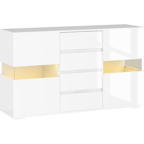 Buffet moderne avec éclairage LED réglable et télécommande, 4 tiroirs et 2 placards, 120 x 34 x 70 cm, blanc (1/5)