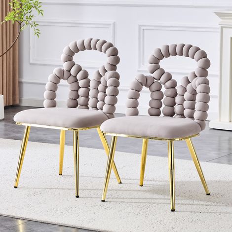 Set di 2 sedie da pranzo, 48x50x86 cm, sedie moderne per cucina, soggiorno e toeletta, rivestimento in velluto, gambe in metallo nero e schienale decorativo effetto perla, Grigio chiaro (1/5)
