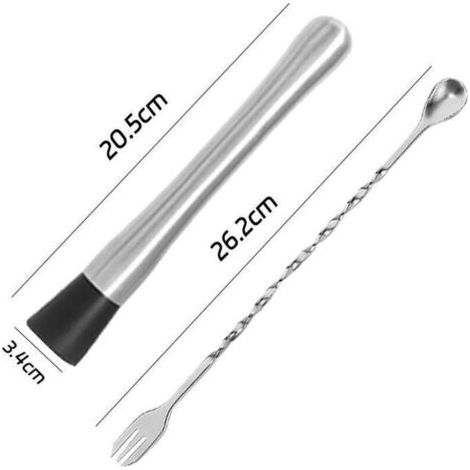Pilon à cocktails, pilon de 20,5 cm et cuillère à cocktail à guidon de 26 cm, agitateur en acier inoxydable, accessoires de bar pour mojitos et boissons aux fruits (1/3)