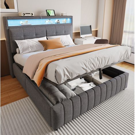 DESVIAE Lit double rembourré 160 x 200 cm avec LED USB tête de lit avec étagères rangement coffre hydraulique gris (1/5)