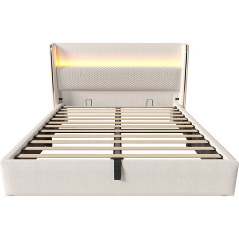 Cama con canapé hidráulico 140x200 cm con cabecero alto LED USB Type-C beige (1/5)