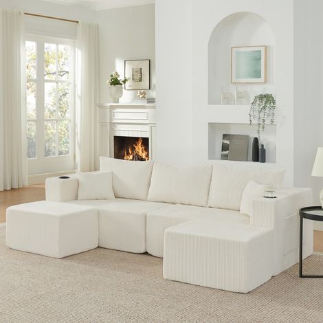 Canapé d'angle modulable 3 places beige 230x138x75cm, velours côtelé, poufs amovibles, porte-gobelets, coussins pour salon et appartement (1/5)
