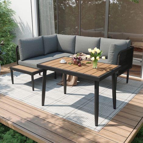 Ensemble de salon de jardin, canapé d'angle avec 1 table, 1 étagère, coussins et dossier, gris
