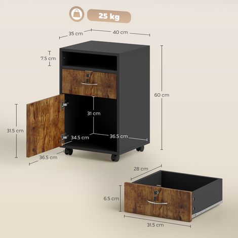 Mobilier de bureau avec étagères ouvertes, tiroirs et armoires verrouillables, 40x35x60cm, marron. (1/5)