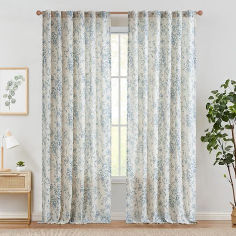 Juego de 2 cortinas para sala de estar, estilo moderno vintage, con estampado botánico azul, 140 cm de ancho x 245 cm de alto, de lino natural con estampado floral, con bolsillo para barra y semitrans (1/5)
