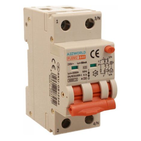 RCBO Interruttore Magnetotermico Differenziale Con Doppia Leva Tipo A Curva B 2P 2M 6000A 30mA, Diagnostica Visiva, B40A  AC 230V IP20 IEC61009-1 PL8M2