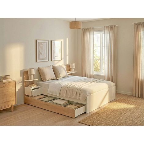 Lit avec tiroirs 160 x 200 cm – Avec 2 chevets et tablettes - Blanc et naturel – KLYRANA (1/4)