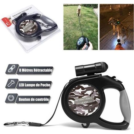 Laisse Large Chien 8M 50kg 9 LED Rétractable Nuit Poignée antidérapant Avec crochet Camouflage gris (1/4)