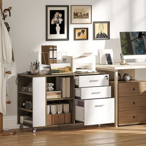 Mueble Archivador con Ruedas 3 Cajones Estación de Carga Cerradura y Estantes 100x40x65,5 cm Marrón Grisáceo (1/5)