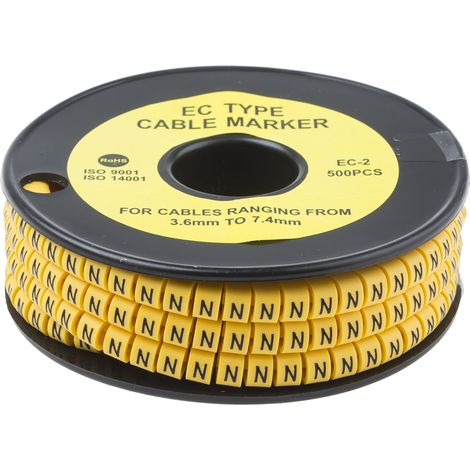Repère câble , Ø câble 3.6  7.4mm, texte : N, Noir sur Jaune ( Prix pour Bobine de 500 )