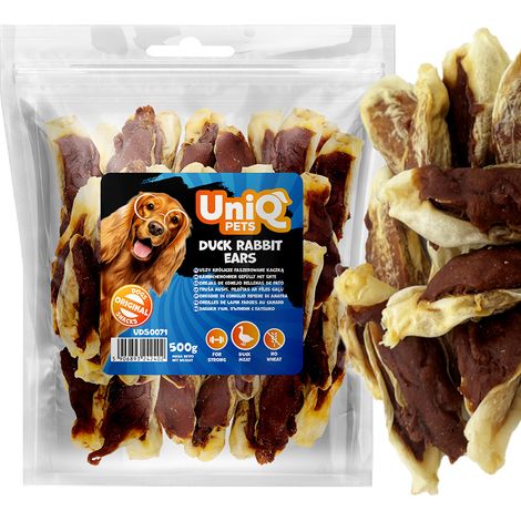 Friandises pour chiens, oreilles de lapin fourrées au canard UniQ Pets 500 g (1/5)