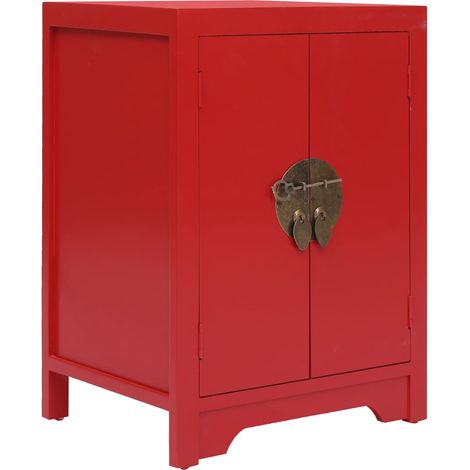 Mesita de noche asiática roja con 2 puertas – 38 x 28 x 52 cm. Mesita auxiliar de estilo chino – Madera de paulownia y MDF DEC034570
