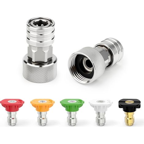 2PCS Adaptateur acier inoxydable 3/4" GHT vers raccord rapide 1/4" avec 5 buses codées couleur pour nettoyeur HP, kit étanche anti-rouille
