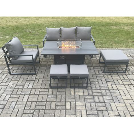 Fimous Aluminium Outdoor Garden Furniture Set Gas Fire Pit Dining Table Set Gas Heater Burner with 3 Footstools Dark Grey 7 Seater (1/5)