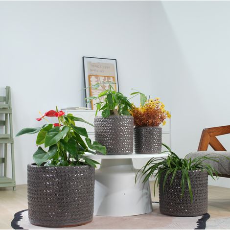 Pot de fleurs Ø37 x 32 cm en céramique gris brillant, moderne pour salon et jardin FloraGrace (1/5)