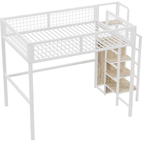 Letto a soppalco per bambini 140 x 200 cm in metallo e MDF con scala e armadio bianco (1/5)