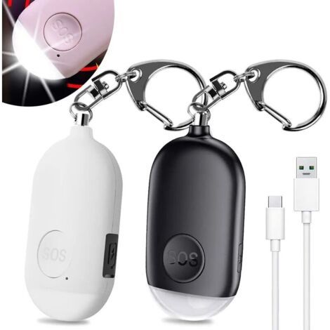 2 Pièces 130 DB Alarme Personnelle d'urgence,Rechargeable Alarme de Sécurité avec LED Lampe de Poche Torche Alarme Anti Agression,pour Femme Enfants Personnes Agées Aventurier-Noir + Blanc (1/5)
