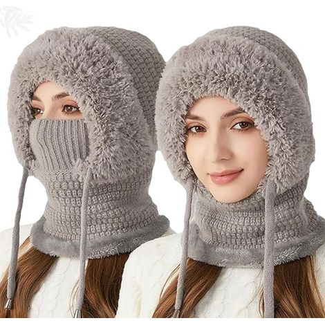 Cache-cou - Combinaison à capuche - Bonnet tricoté avec cache-cou - Cache-cou et masque - Ensemble écharpe et bonnet coupe-vent pour femme - Ensemble chaud d'hiver 3 en 1 - Masque et écharpe pour femm (1/5)