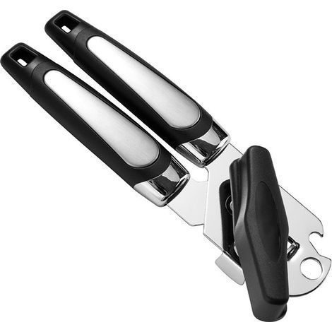 Ouvre-Boîte Manuel, Ouvre-Boîte en Acier Inoxydable, Bord Lisse, Ouvre-Bouteille avec Poignée Antidérapante et Bouton de Rotation Ergonomique (Noir)