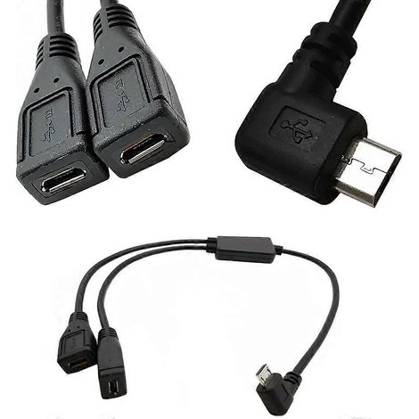 Câble Micro USB Y, 5 broches mâle vers 2 femelles, chargeur avec connecteur coudé à droite, fente pour charge et synchronisation. (1/5)
