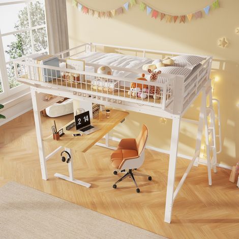 Lit mezzanine enfant 140x200cm - cadre métallique, rangement latéral, espace inférieur ouvert, blanc (1/5)
