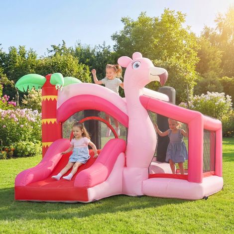 Château gonflable pour enfants avec toboggan, trampoline, piscine à balles et panier de basket, 255 x 230 x 196 cm, rose