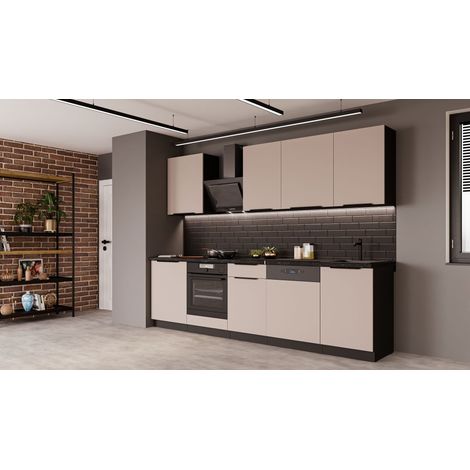 Küche ARONA BASIC 280 cm Küchenzeile Küchenblock Einbauküche Kaschmir beige matt + Schwarz matt (1/5)