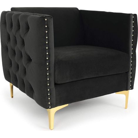 Fauteuil capitonné Joshua - Velours Noir Chic, Assise Moelleuse, accoudoirs capitonnés et Clous décoratifs, Pieds métal doré, Fauteuil Moderne pour Salon