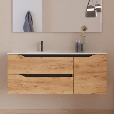 Meuble sous vasque seul, 2 tiroirs et 1 porte, 120cm, pour vasque déportée gauche - roble (bois clair) - ZARZA