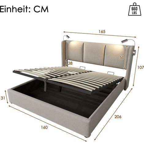 Sunfecili – Lit coffre 160x200 avec sommier – Liseuse intégrée – Chargement USB – Espace de rangement hydraulique – Lin beige – Dimensions 206x165x107 cm