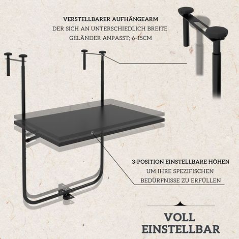 Verstellbarer und klappbarer Balkontisch für Geländer mit einer Stärke von 6 bis 15 cm, aus schwarzem, rostbeständigem Metall, Maße 62 x 60 x 85,5 cm (1/5)