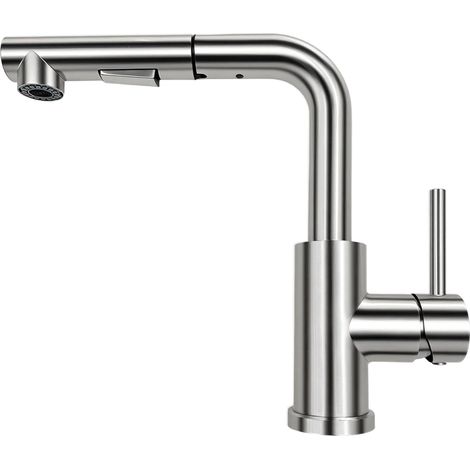 Robinet Cuisine, Mitigeur Cuisine avec Douchette Extractible, 2 Modes de Pulvérisation et Pivotante à 360°, En Forme de L Acier Inoxydable Monolevier Robinet Evier (1/5)