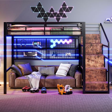 Lit mezzanine 140x200cm, cadre en fer, armoire intégrée, échelle de rangement, grille suspendue, espace libre sous le lit, LED 7 couleurs, sans matelas, noir (1/5)
