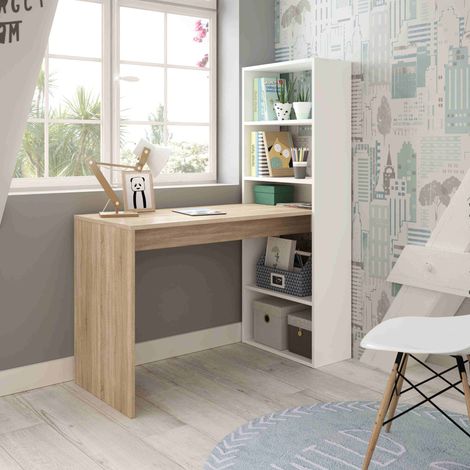 Bureau réversible bois et blanc avec étagères (1/5)