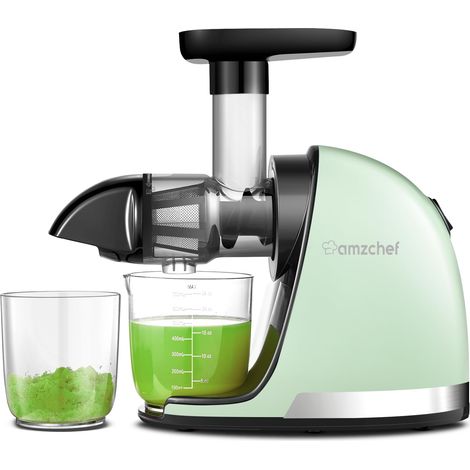 AMZCHEF Estrattore Frutta e Verdura - Estrattore a Freddo Pofessionale - Masticazione Delicata Non C'è Bisogno Di Filtrare - Estrattore Di Succo Senza BPA con Due Tazze e Pennello - Verde (1/5)