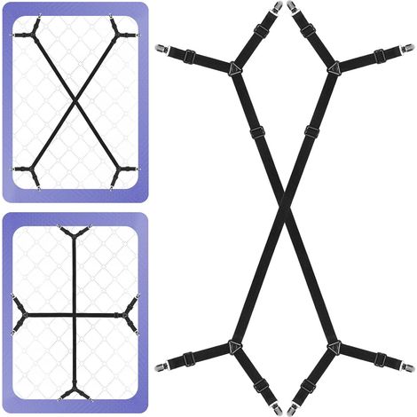 Sangle Fixe-Drap Lot de 2/8 Modes, Clip Croisé Réglable, Bretelle Élastique pour Matelas, Maintien de Draps Simple Queen Size, Attache-Drap Noir (1/5)