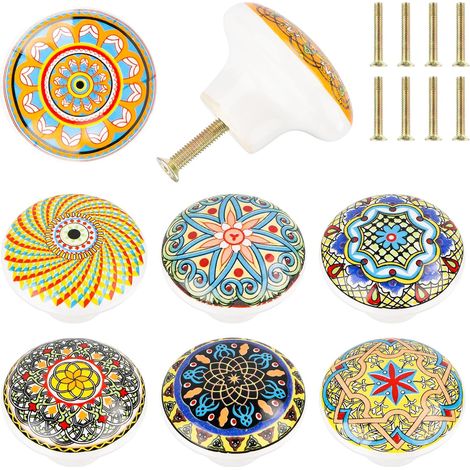 8 Pcs boutons de meubles en céramique boutons de portes pour placards de style bohème 39mm poignée tiroir avce vissé pour placard armoire cuisine, chambre d'enfant