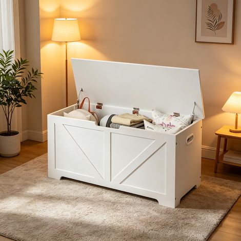 Sitzbank mit Stauraum, Scharnierdeckel, Sicherer Öffnung und 76 L Fassungsvermögen, aus Holz Weiß (1/5)