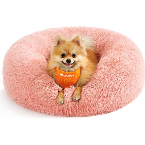 Panier pour Chien, Lit Ronde en Forme de Beignet, Canapé, Coussin Central Amovible et Lavable, Tissu Peluche Doux, Ø60 cm, Rose