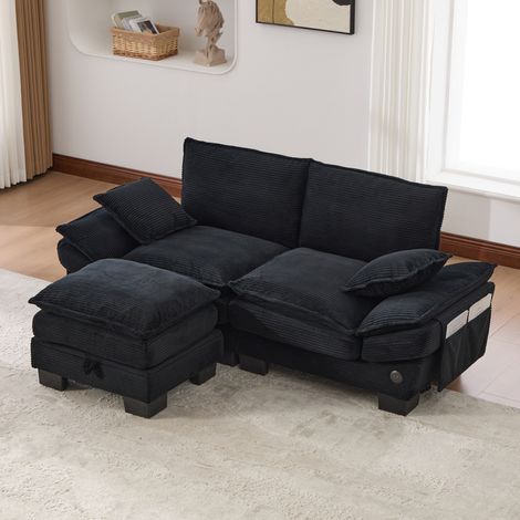 Divano da 2 posti in velluto a coste (panno) con pouf, USB-C e tasche laterali, nero, 190x132x84 cm (1/5)