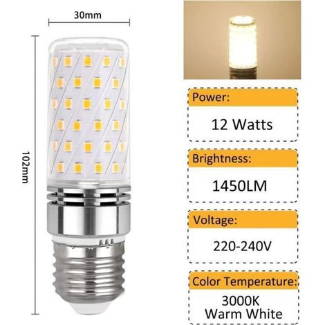 Ampoule E27 Mais LED 12W Blanc Chaud 3000K, Lot de 6,1450LM, 360° Lumière, Équivalent Halogène E27 100 Watt, AC 230V Étiquette (1/4)