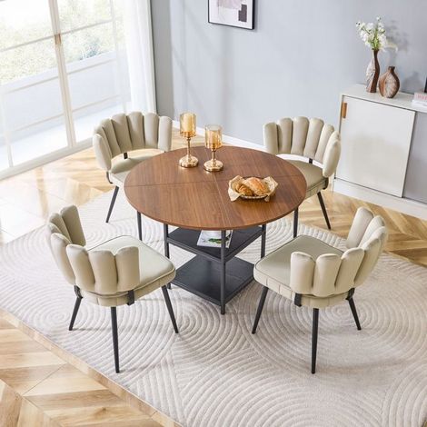 Table et Chaises de Salle à Manger 107 cm Table ronde rangement aspect noyer 4 chaises en tissu dossier en forme de fleur (1/5)