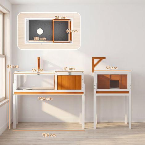 Terrarium à tortues en bois avec abri, vitre d'observation et toit amovible, 104x53x82 cm, modèle blanc et orange pour jardin, enclos extérieur robuste (1/5)
