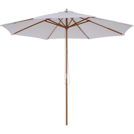3(m) Garden Parasol, Pulley Operated Patio Umbrella, Wooden Table Market Umbrella with Rope Pulley Mechanism and 8 Ribs, Cream White