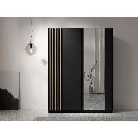 AX LIVING Kleiderschrank schwarz mit Spiegel 150 cm – Beralto mit Lamellen