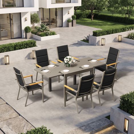 Ensemble Table Chaise Jardin 6 personnes,Table Jardin Chaise en Aluminium,6 Chaises Jardin Accoudoirs Imitation Bois et 1 Table Jardin Extensible (80/160 cm),Imperméable,Antirouille,Tout Temps,Marron (1/5)
