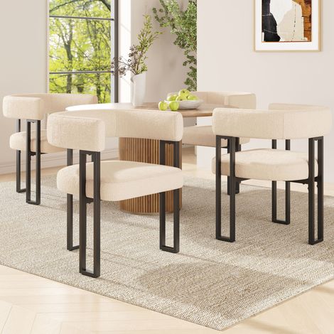 Matériau en peau de mouton de haute qualité (4 pièces). Chaise pour les repas, chaise pour se maquiller… Chaise ergonomique. Chaise élégante et luxueuse. Dossier incurvé, couleur beige/brun. (1/5)