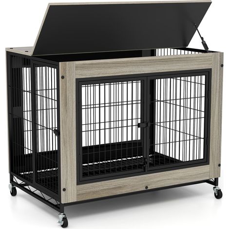 COSTWAY Dog Crate Furniture Industrial Dog Kennel w/ Flip-up Top-Grey