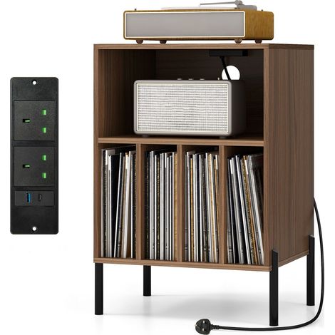 Vinyl Record Player Stand 3-tier Turntable Stand w/Charging Station (1/5)